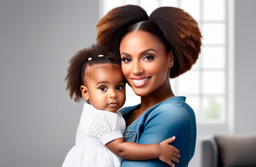 an African-American mother holds a little girl in a white dress in her arms and hugs her, a woman smiles and is dressed in denim, a child and an adult have dark fluffy hair, a blurred background