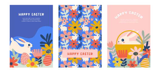 Happy Easter, decorated geometric style Easter cards, banners. Bunnies, Easter eggs, flowers and basket. Modern minimalist design - 727647617
