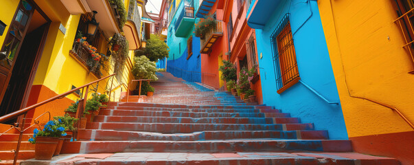 A set of stairs leading up to a colorful buildings