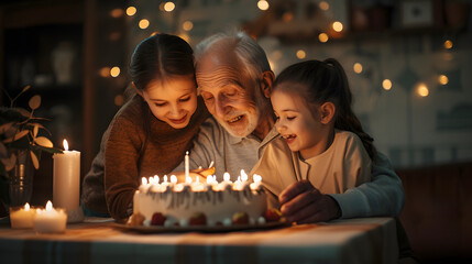 Grandpa celebrates his birthday, grandfather's birthday celebration, grandfather's birthday party with his family