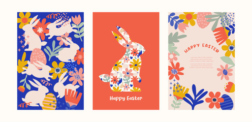 Happy Easter, decorated geometric style Easter cards, banners. Bunnies, Easter eggs, flowers and basket. Modern minimalist design
