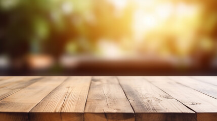A simple wooden table with a blurred background. The table has a smooth, light brown surface, For product presentations, product shows, live broadcasts, design presentations. - obrazy, fototapety, plakaty