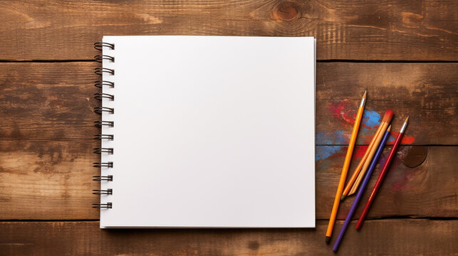 A closed notebook, paintbrushes, and tubes of paint rest on a wooden table bathed in warm light. Space for text.