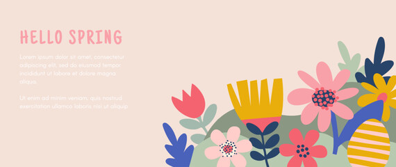 Hello spring, Summer time, Happy Easter, decorated modern style card, banner. Bunnies, flowers and basket. Colorful minimalist design - 727647813