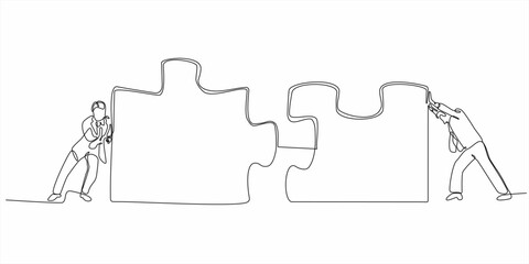 continuous line Engineer putting jigsaw puzzle together vector illustration