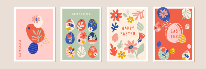 Happy Easter, decorated geometric style Easter card set. Bunnies, Easter eggs, flowers and basket in modern bold minimalist style. Abstract flowers, bunnies and eggs. - 727647856