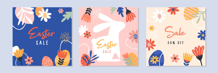 Happy Easter Set of Sale banners, greeting cards, posters, holiday covers. Trendy design with typography, hand painted plants, dots, eggs and bunny, in pastel colors. Modern art minimalist style.