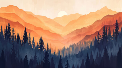 Illustration of an artistic sunset view over forested mountains, modern monochrome style