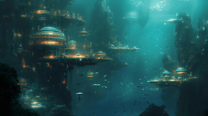 underwater alien citybioluminescent structures and floating aquatic creatures an ethereal and serene Generative AI