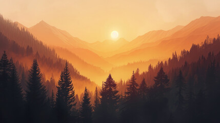 Painting of a serene mountain valley and forest with a warm sunset, modern monochrome style in an earthy color palette on canvas, evoking a sense of serenity - obrazy, fototapety, plakaty