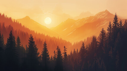 Obraz premium Painting of a serene mountain valley and forest with a warm sunset, modern monochrome style in an earthy color palette on canvas, evoking a sense of serenity