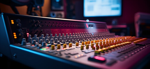 Close up of sound mixing console in a streaming, buttons on audio mixer, knob, dj mixer in action,...