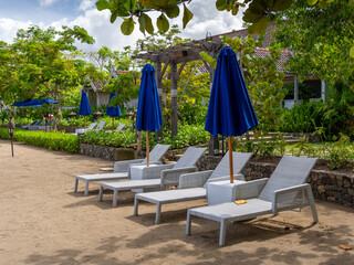 Rows of poolside and outdoor lounge chairs with blue and white color theme and placed strategically...