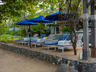 Rows of poolside and outdoor lounge chairs with blue and white color theme and placed strategically...