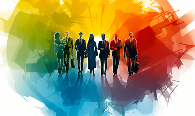 Group of business professionals in silhouette against an abstract colorful brushstroke backdrop