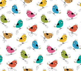 Cute seamless pattern with funny colorful birds. Hand drawn black line doodle style. Vector illustration on a white background for greeting card, fabric, textile, wallpaper, poster, gift wrapping