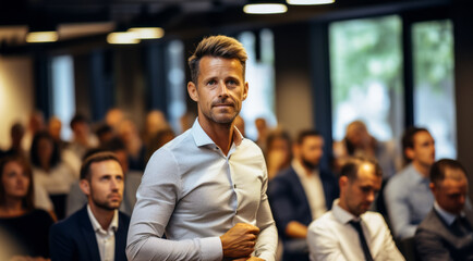 Confident male professional delivering a presentation to colleagues in a modern corporate seminar environment with focus and attention