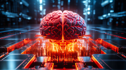 Red illuminated artificial intelligence brain in a futuristic data center symbolizing advanced AI risks, superintelligence threat, and potential future scenarios of overpowering AGI - obrazy, fototapety, plakaty