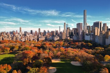 Autumn Fall. Autumnal Central Park NY view from drone. Aerial of New York City Manhattan Central Park panorama in Autumn. Autumn in Central Park. Autumn NYC. Central Park Fall Colors of foliage.
