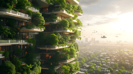 futuristic city with vertical gardens and aerial walkwayscitizens harmonizing with nature and techno Generative AI - obrazy, fototapety, plakaty