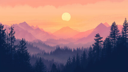 Painting of a serene mountain valley and forest with a warm sunset, modern monochrome style in an earthy color palette on canvas, evoking a sense of serenity - obrazy, fototapety, plakaty