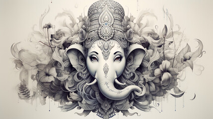 Fototapeta premium 3D pencil sketch drawing of Indian god Ganesh blue tone in white background
