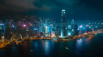 City lights illuminate the skyline at night, showcasing the architectural beauty of skyscrapers and the bustling traffic in the city in the evening. Night view of modern city