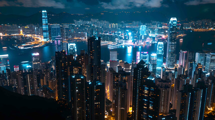 City lights illuminate the skyline at night, showcasing the architectural beauty of skyscrapers and the bustling traffic in the city in the evening. Night view of modern city