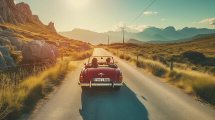 Vintage Car Journey on a Rural Road at Sunset