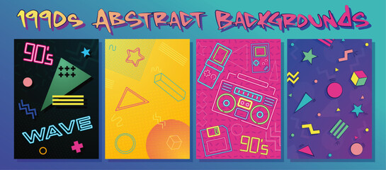 1990s Abstract Background set, Colors and Shapes from the 90s, Vintage Gadgets, Neon Lights, Geometric Shapes 