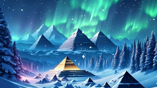 Pyramids, Cinematic, Epic, Winter, Snow, Landscape Scenery, Night, Aurora, Nature Ambience, Outdoor, Snowfall, Snow Falling, Loop Video 4K Background, AI, winter ambience, ambience snow falling, snow	