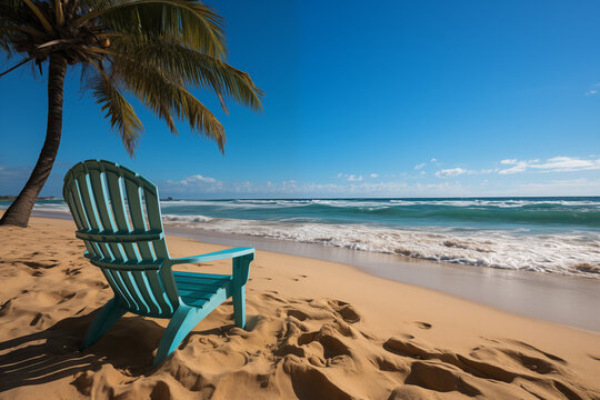Blue chair on sandy beach under palm leaves, facing calm ocean waves. Concept for vacation rental ads or travel agencies. Plenty of copy space.