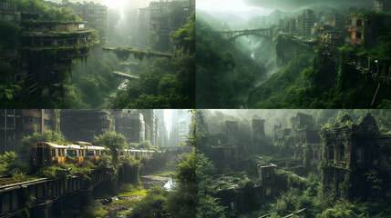 decaying urban sprawl overgrown with naturesurvivalists and reclaimed architectures Civilizations re Generative AI