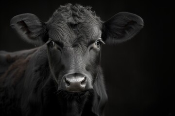 Portrait of a Young Black Cow on Dark Background