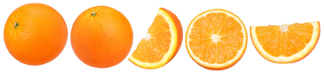 Orange fruit, half and slices isolated, Orange fruit macro studio photo, transparent PNG, collection, PNG format