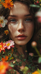 Portrait of a beautiful young woman with freckles on her face among flowers