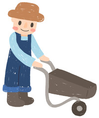 Little boy gardener pushing empty wheelbarrow