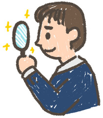 young man looking using a magnifying glass