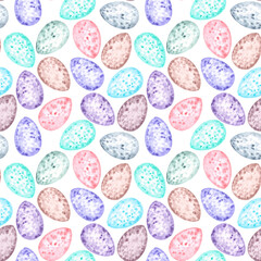 Hand drawn seamless pattern with many multicolored watercolor violet,pink,green,blue,textures easter eggs with different dots, spots,splashes on white.Easter party ornament background