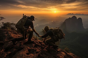 Teamwork - man helping friend reach the summit - outdoor adventure and support achievement
