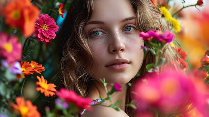 Naklejka premium Portrait of a beautiful young woman among flowers in the garden.