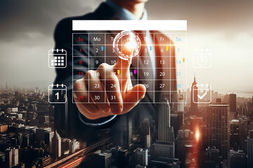 Businessman points to the organizer's agenda and the calendar's appointment reminder.Agendas and timetables are used by event planners to organize and schedule activities.