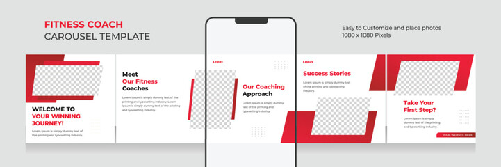 fitness and health social media carousel, Instagram carousel template for personal fitness coach, EPS vector illustration.