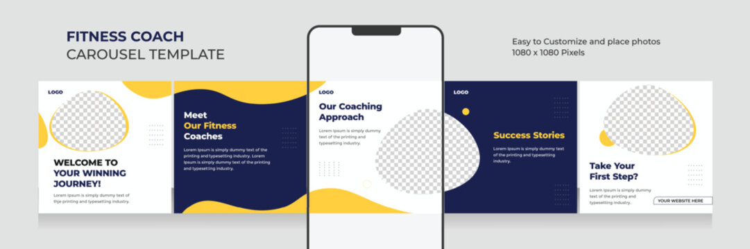 fitness and health social media carousel, Instagram carousel template for personal fitness coach, EPS vector illustration.