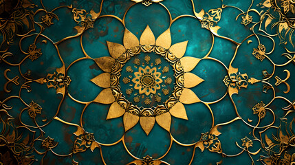 golden mandala ornament on turquoise background, seamless floral background