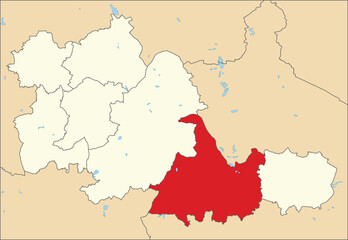 Red flat blank highlighted location map of the METROPOLITAN BOROUGH OF SOLIHULL inside beige administrative local authority districts map of West Midlands, England