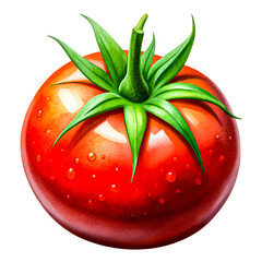 Tomato with water drops isolated on white background. Watercolor illustration.