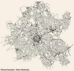 Fototapeta na wymiar Street roads map of the METROPOLITAN BOROUGH AND CITY OF WOLVERHAMPTON, WEST MIDLANDS