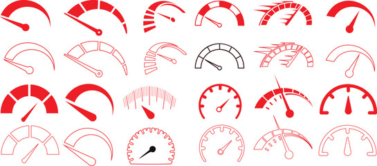 Speedometers, red indicators collection, various levels. Perfect for automotive, transportation, performance measurement visuals. Clear design, easy integration into presentations, websites - obrazy, fototapety, plakaty