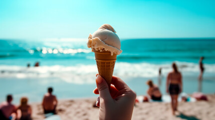 Hand holding an ice cream cone or cornet against a backdrop of the sea and beach